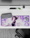 Anime mouse pad 32x12 inches featuring Shinobu from Demon Slayer, smiling under wisteria with pastel butterflies and lilac swirls.