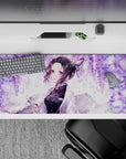 Anime desk pad 36x16 inches featuring Shinobu from Demon Slayer with lilac swirls and wisteria, adding serene elegance.