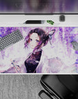 Anime desk pad 40x20 inches featuring Shinobu from Demon Slayer with wisteria, pastel butterflies, and lilac swirls.