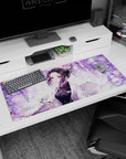Shinobu anime desk pad, 36x16 inches, with lilac swirls, wisteria, and pastel butterflies for a serene workspace.