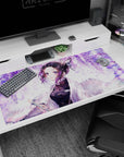 Anime mouse pad 40x20 inches featuring Shinobu from Demon Slayer, smiling under wisteria with pastel butterflies.