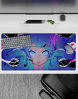 32x16 inches anime girl mouse pad in neon violet and magenta, spooky cute cyber chaos vibe.