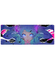 Cyber-pop anime girl mouse pad 32x12 inches with twin-tail blue hair, shards, and neon splatter art.