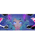 36x16 inches anime girl desk pad with twin-tail blue-haired cyber-pop artwork and sharp black shards.