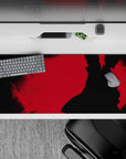 36x16 inches crimson red anime desk mat with dark Akatsuki vibe, shadows and hidden faces for moody setup.