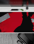 Crimson red gritty anime desk pad with smoky shadows and ominous showdown vibe, 40x20 inches.