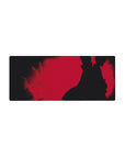 28x12 inches anime mouse pad with Itachi silhouette, flowing cloak, gritty red backdrop, smoky shadows.