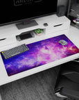 Starry secret sky scene desk pad 36x16 inches with tiny stars and drifting nebula swirls across the surface.