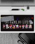 Charcoal anime mouse pad 32x16 inches with neon halos, candy-bright hair, and playful smirks.