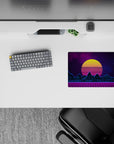 14x10 inches mouse pad featuring synthwave design, with glowing yellow sunset, neon blue mountains, and a purple grid for retro-futuristic energy.