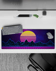 32x12 inches mouse pad with synthwave design, capturing glowing yellow sunset, neon blue mountains, and purple grid for a bold retro aesthetic.