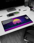 Modern 32x16 inches mouse pad featuring synthwave design, blending neon blue mountains, purple grid, and a glowing yellow sunset for retro-futuristic style.