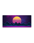 Mouse pad featuring synthwave design, 28x12 inches, with glowing yellow sunset, neon blue mountains, and purple grid for retro-futuristic vibes.