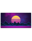 Mouse pad featuring synthwave design, 32x16 inches, with glowing yellow sunset, neon blue mountains, and purple grid landscape for 80s-inspired vibes.