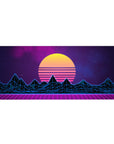 Desk pad featuring synthwave design, 36x16 inches, with a glowing yellow sunset, neon blue mountains, and a purple grid landscape for a digital vibe.