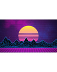 Desk pad featuring synthwave design, 40x20 inches, with a glowing yellow sunset, neon blue mountains, and a purple grid landscape for 80s nostalgia.
