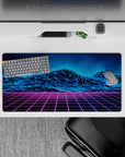 Bold 32x16 desk mat combines glowing blue tones, purple grids, and sleek lines for impactful visuals