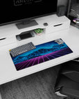 Dynamic Synthwave Mountains artwork on 28x12 desk mat perfect for celebrating 80s-inspired digital landscapes