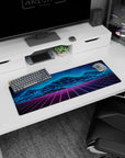 Small but impactful 32x12 desk mat showcases retro-futuristic vibes with striking synthwave artistry