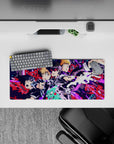 Electric blue and hot magenta chaos on deep black anime mouse pad, loud cyber vibe, 28x12 inches.