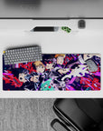Hot magenta and electric blue cyber chaos desk mat anime mouse pad, loud energetic vibe, 32x12 inches.