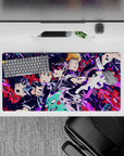 Electric magenta and blue chaos anime mouse pad 32x16 inches, loud cyber vibe on deep black.