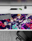 Electric blue and hot magenta cyber chaos anime desk pad, loud energetic vibe, 36x16 inches.