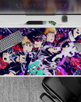 Electric magenta and blue chaos on black, loud cyber vibe anime desk pad, 40x20 inches.