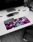 Mob reaching forward with blazing eyes as Reigen reacts, action scene anime mouse pad, 28x12 inches.