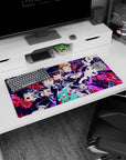 Mob reaching forward as Reigen and crew react, anime mouse pad 32x16 inches in neon city burst.