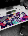 Mob reaching forward, eyes blazing, Reigen and crew shocked behind, anime desk pad 40x20 inches.
