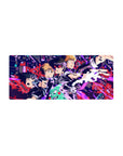 Mob Psycho 100 neon city burst anime mouse pad, jagged pixel shards and school uniforms, 28x12 inches.