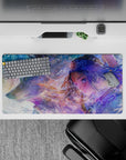 32x16 inches anime girl mouse pad in misty blues and lilacs with icy sparkle flecks and cozy blush glow.