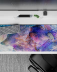 Cozy winter anime desk pad 36x16 inches in misty blues and lilacs with glittering ice flecks.