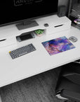 Silver-haired anime girl with patterned headband, sword on back, and loyal wolf mouse pad 14x10 inches.