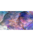 40x20 inches anime girl desk pad with silver-haired swordswoman and loyal wolf in snowy fantasy scene.