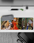 32x12 inches mouse pad featuring Asuka, Rei, Kaworu, and Shinji, with contrasting red and white plugsuits in a ruined cityscape.