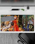 32x16 inches mouse pad with Asuka, Rei, Kaworu, and Shinji, featuring red and white plugsuits against a beautifully painted ruined cityscape.