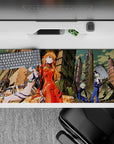 36x16 inches mouse pad with Asuka, Rei, Kaworu, and Shinji, blending red and white plugsuits with a beautifully painted ruined cityscape.