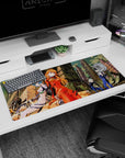 Artistic 36x16 inches mouse pad featuring Asuka, Rei, Kaworu, and Shinji, with contrasting plugsuits and a stunning dystopian backdrop.