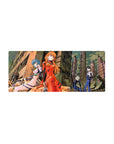 Mouse pad featuring Asuka, Rei, Kaworu, and Shinji in a ruined cityscape, 28x12 inches, with red and white plugsuits for a dystopian look.