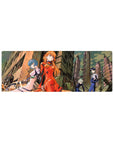 Compact 32x12 inches mouse pad with Asuka, Rei, Kaworu, and Shinji, featuring red and white plugsuits against a dystopian city backdrop.