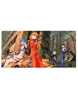 Mouse pad featuring Asuka, Rei, Kaworu, and Shinji in a ruined cityscape, 32x16 inches, with red and white plugsuits and a dystopian atmosphere.
