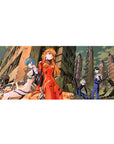 Mouse pad featuring Asuka, Rei, Kaworu, and Shinji in a ruined cityscape, 36x16 inches, with red and white plugsuits against a dystopian backdrop.