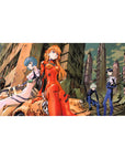 Mouse pad featuring Asuka, Rei, Kaworu, and Shinji against a ruined cityscape, 40x20 inches, with contrasting red and white plugsuits.