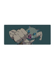 Inosuke from Demon Slayer mid-punch on a 28x12 inch mouse pad, with a teal backdrop highlighting his boar mask and intense gaze.