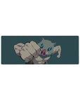 Anime mouse pad 32x12 inches featuring Inosuke from Demon Slayer, mid-punch with boar mask; energetic teal backdrop.