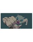 Inosuke from Demon Slayer mid-punch on anime mouse pad, 32x16 inches, teal backdrop highlighting intense action and energy.