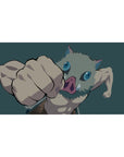 Anime desk pad 40x20 inches featuring Inosuke mid-punch from Demon Slayer, teal backdrop highlights his boar mask and muscles.