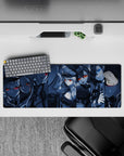 32x12 inches anime girl mouse pad in icy blue grayscale with red accents, snow specks, dark cute mood.